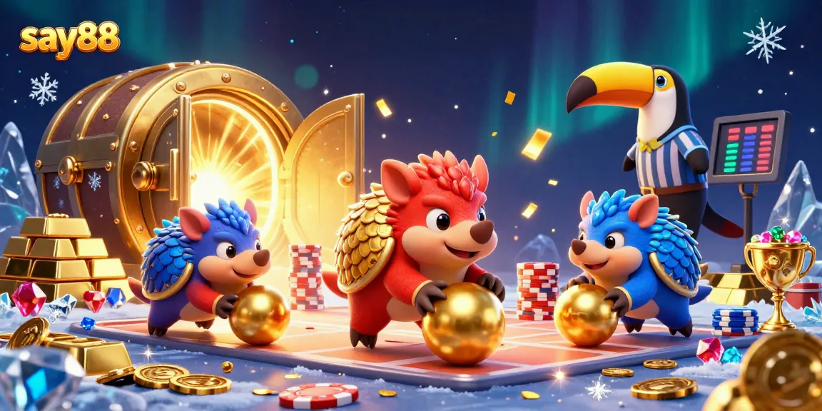 Bet on say88 as rival pangolins roll golden balls through poker chips in an exciting casino scene.
