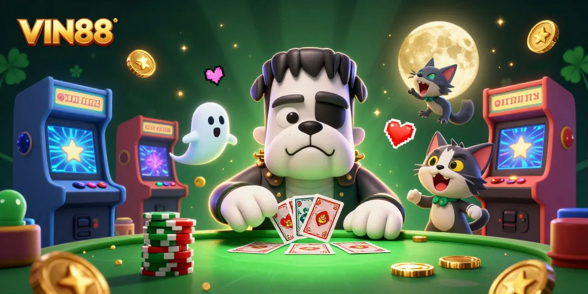 VIN88 challenges players with a spooky casino scene featuring a monster dealer and floating ghost.