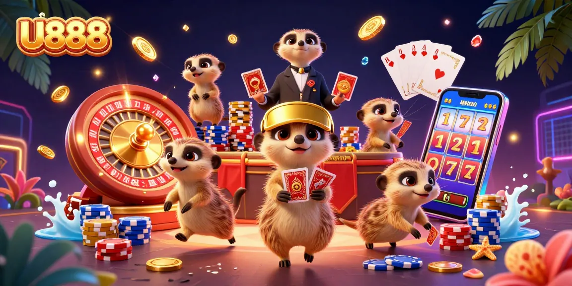 Engage in the vibrant U888 casino scene with meerkats at play, showcasing thrilling slot machines and dynamic games.