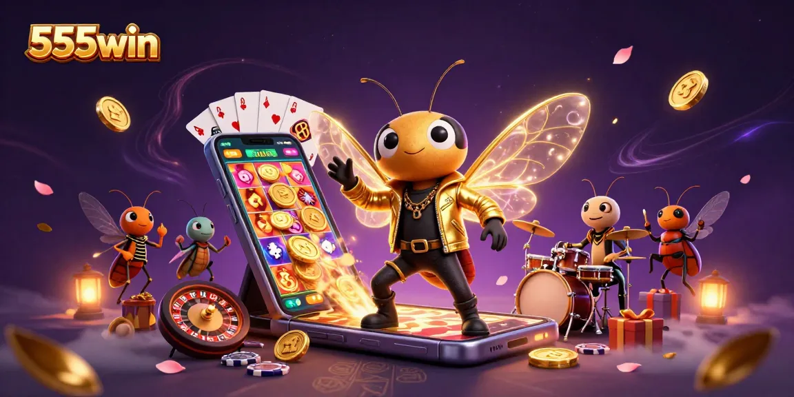 Experience excitement with 555win's dynamic illustration of a playful casino scene full of engaging characters and vibrant game elements.