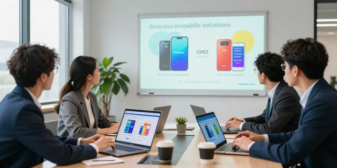 Team discussing business mobile contracts UK in a modern office with technology and collaboration.