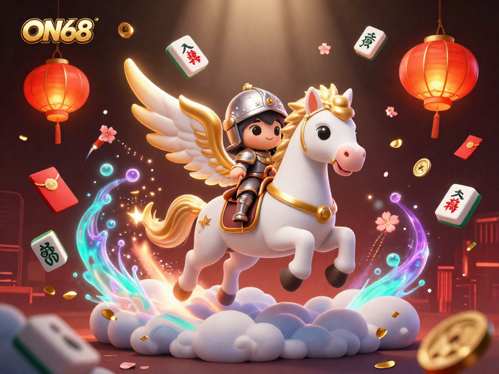 Experience thrilling adventures at ON68 with a celestial horse and knight amidst vibrant casino symbols.