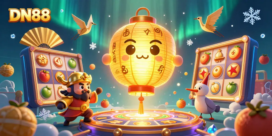 Experience thrilling games at DN88, a vibrant casino with golden characters and slot elements.