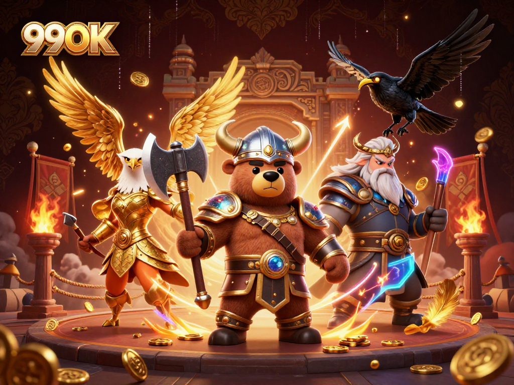 Experience the thrilling world of 99OK with a heroic Viking and Valkyrie amidst dynamic gaming elements.