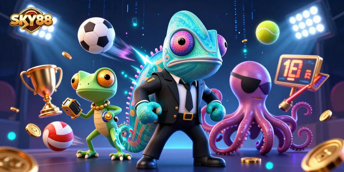 Sky88 showcases vibrant sports betting action with thrilling 3D characters engaging in gambling excitement.