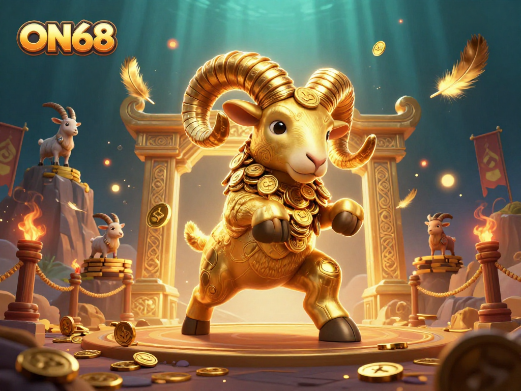 ON68 showcases a dynamic 3D illustration with a charging golden ram surrounded by casino elements.