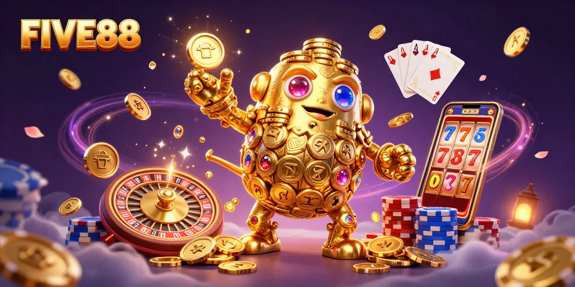 Experience thrilling gameplay at FIVE88 with exciting golden golems, roulette, and colorful chips.