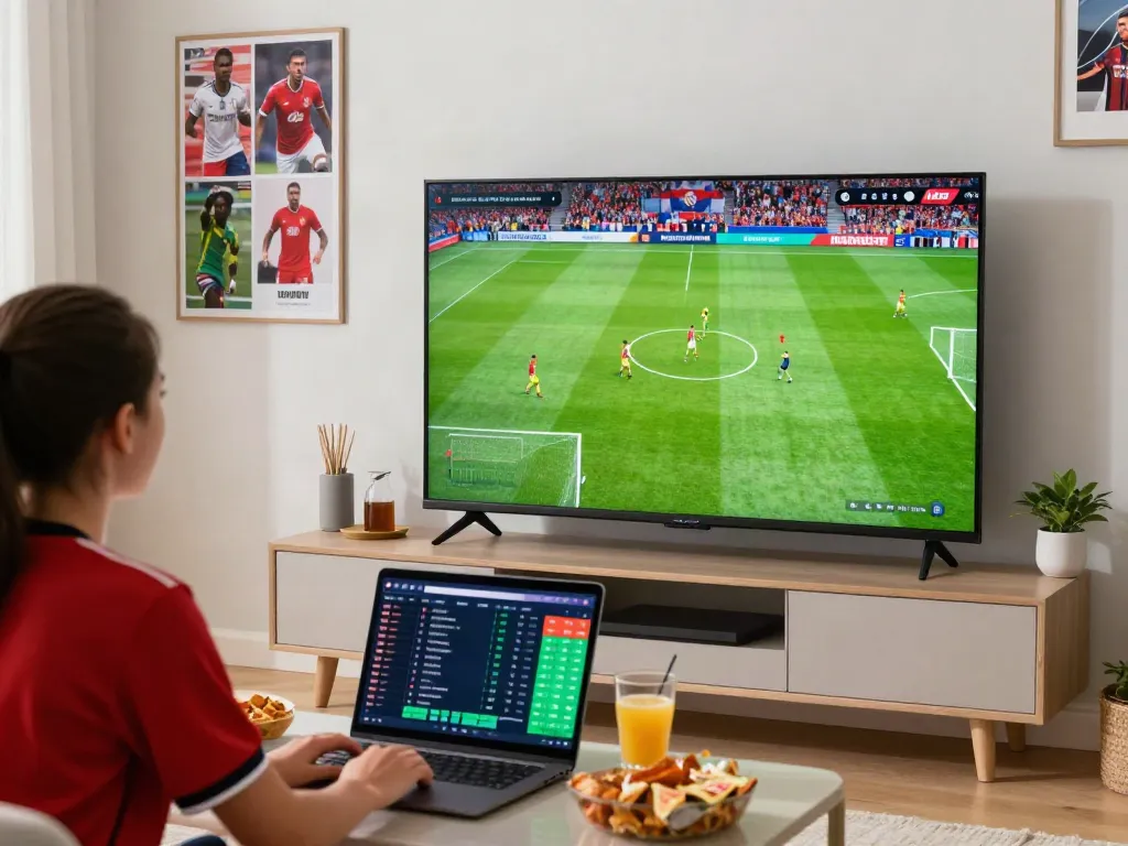 Fan enjoying a live football match on Thapcamtv with engaging atmosphere and snacks.