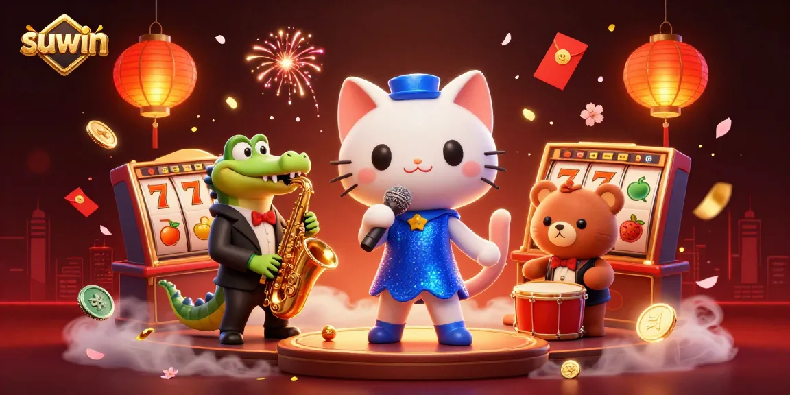 Join the fun at suwin casino with lively characters celebrating big jackpots and vibrant game elements.