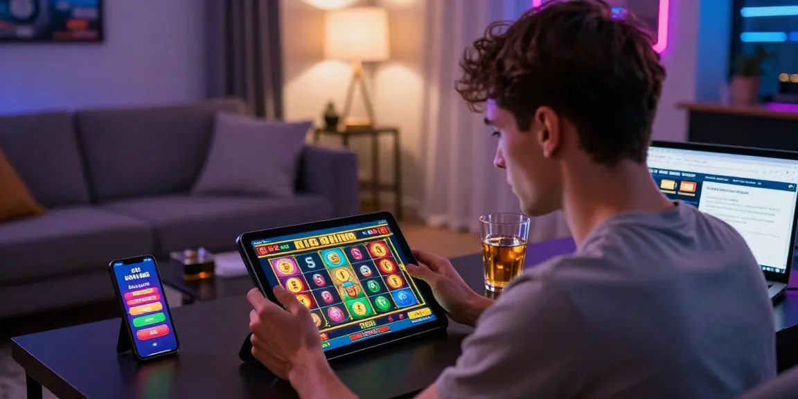 Un giocatore che si diverte con i giochi sui siti non AAMS su un tablet in un elegante soggiorno, con smartphone e laptop che mostrano strategie di gioco e bonus.