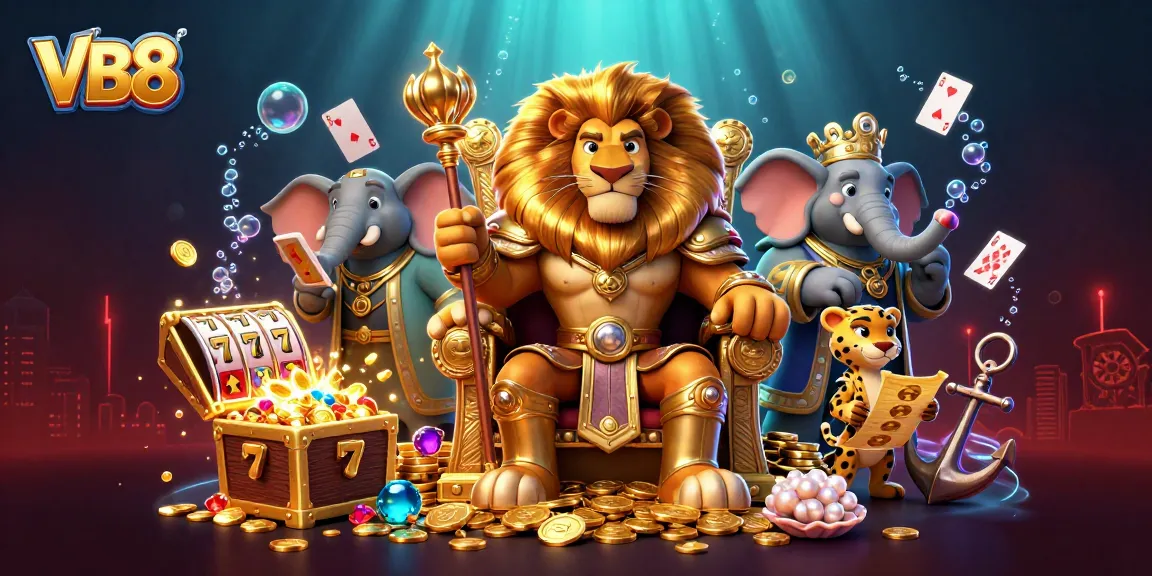Win big with VB8 at a magical casino adventure, featuring colorful slot elements amid vibrant characters.