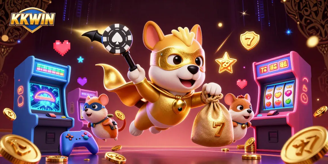 KKWIN superhero dog gains riches in a vibrant casino scene with arcade elements and poker chip symbol.