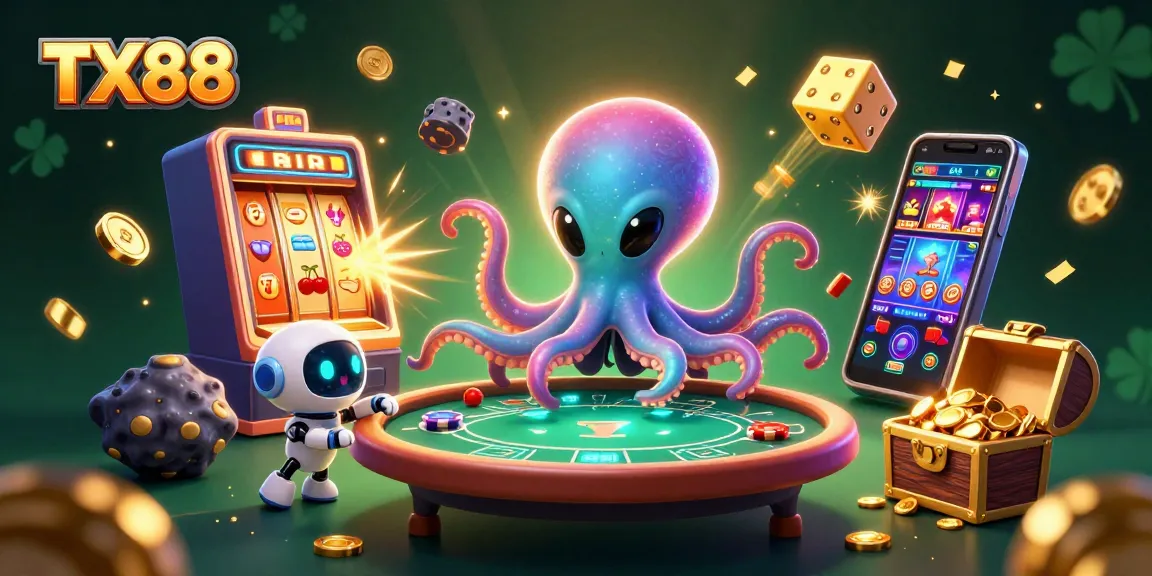 Experience thrilling gaming at TX88 with an alien octopus and robot at a holographic poker table amidst vibrant casino elements.