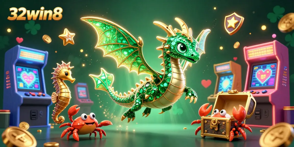 Experience thrilling fun at 32win8 with an exciting 3D casino adventure featuring a dragon, treasure, and arcade games.