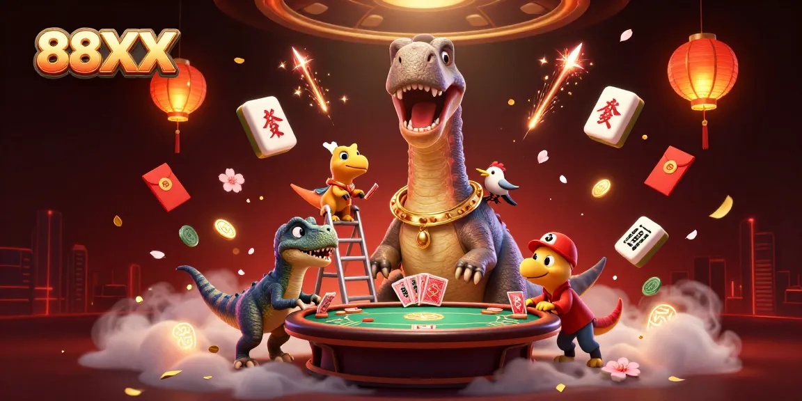 Experience the thrill of 88XX casino with a 3D illustrated scene featuring a brontosaurus, raptor dealer, and casino elements.