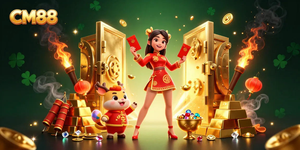 Experience excitement with CM88's vibrant Lunar New Year-themed casino illustration, filled with gold treasures and festive imagery.