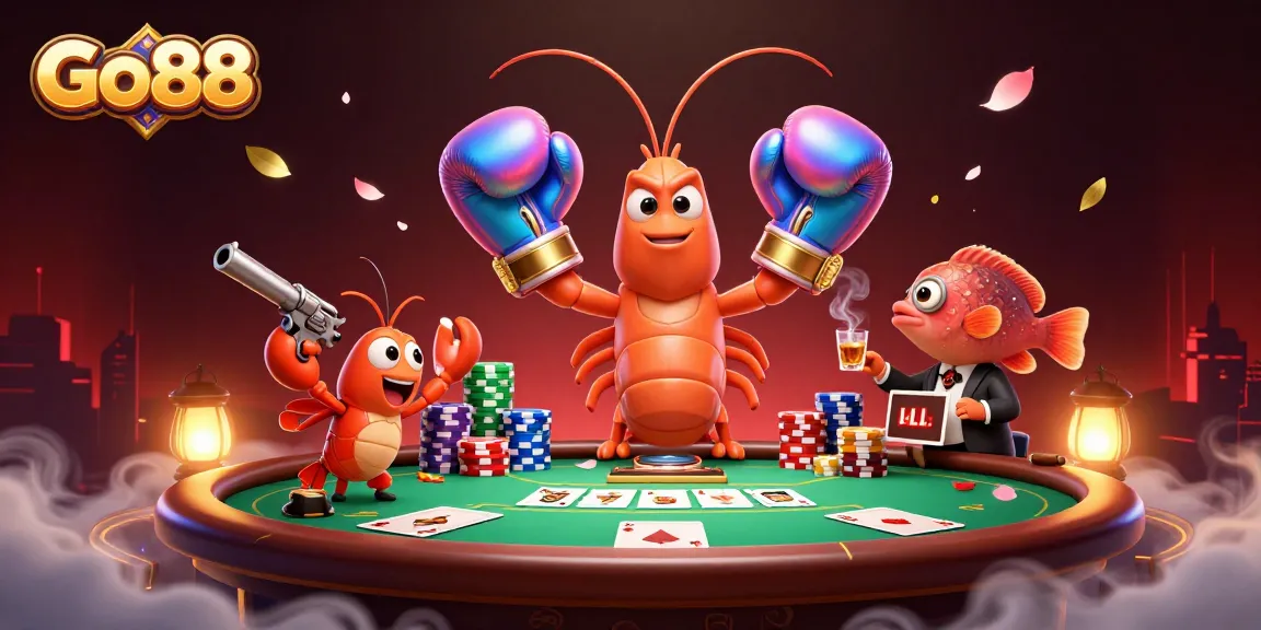 Experience thrilling gaming action at Go88 with vibrant characters, poker chips, and a dynamic casino atmosphere.