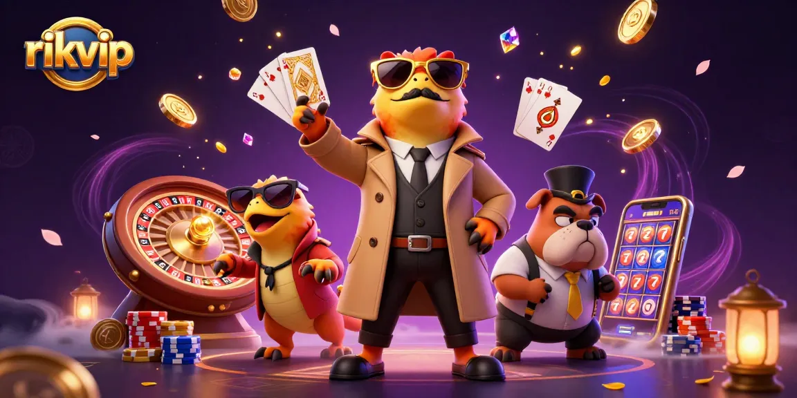 Play slots at rikvip with captivating characters in a dynamic casino scene.