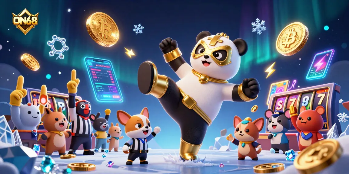 Experience thrilling action at ON68 with a panda wrestler in a dynamic casino-themed scene filled with gaming elements.