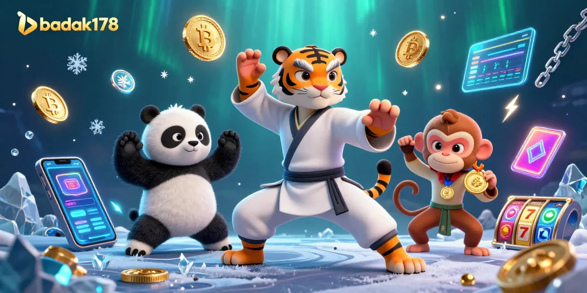 Experience thrilling gameplay with badak178 as a kung fu tiger, panda, and monkey amidst vibrant casino elements.