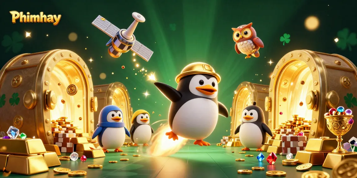 Experience Phimhay's thrilling gaming adventure with a cartoon penguin igniting jackpots in a vivid casino universe.
