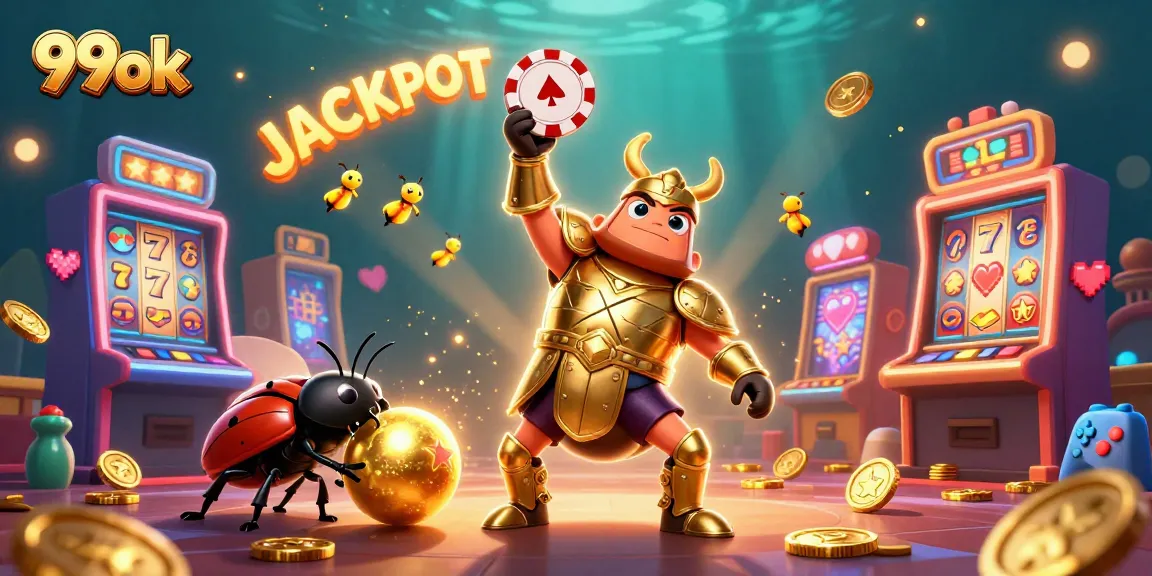 99ok gamblers celebrating with a jackpot scene featuring animated characters, exciting slot elements, and a vibrant casino atmosphere.