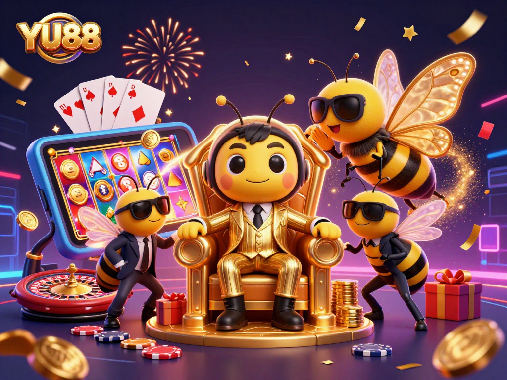 Engage with YU88 in a vibrant casino scene featuring a bumblebee mob boss and thrilling game elements.