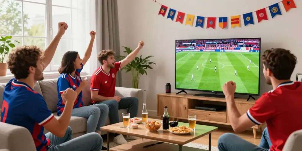 Fans enjoying a football match on GavangTV in a lively living room.