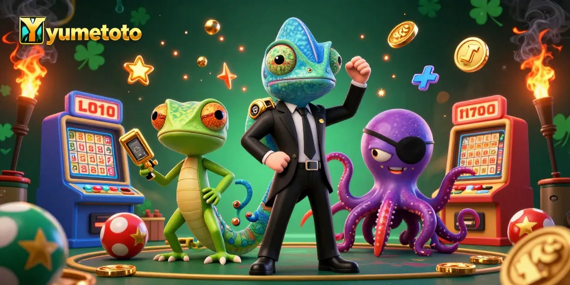 Engage with Yumetoto's vibrant lottery scene featuring a chameleon, gecko, and an octopus.