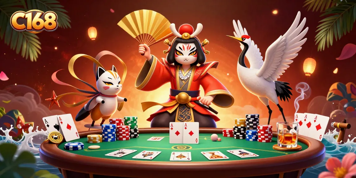 C168 players strategizing at a vibrant poker table with colorful chips and ornate characters.