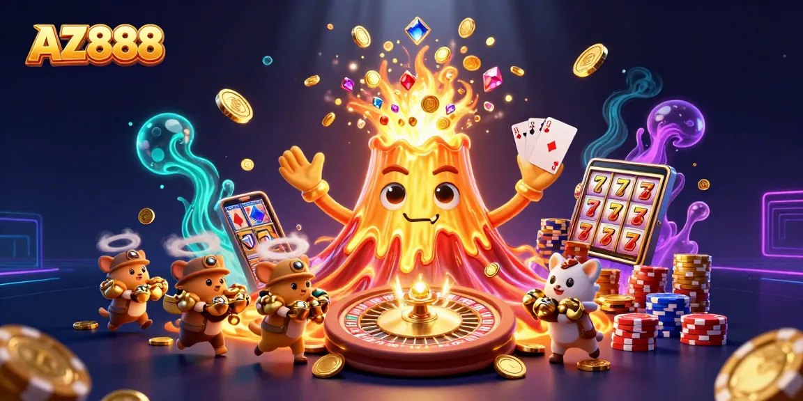 AZ888 showcases a triumphant volcano erupting coins and gems in a vibrant casino scene.