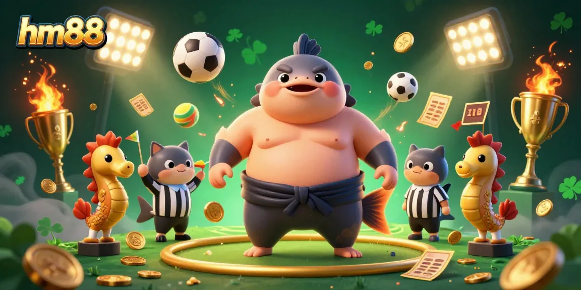 Join the excitement with hm88 as a giant fugu and wise catfish referee bring underwater sports action to life!