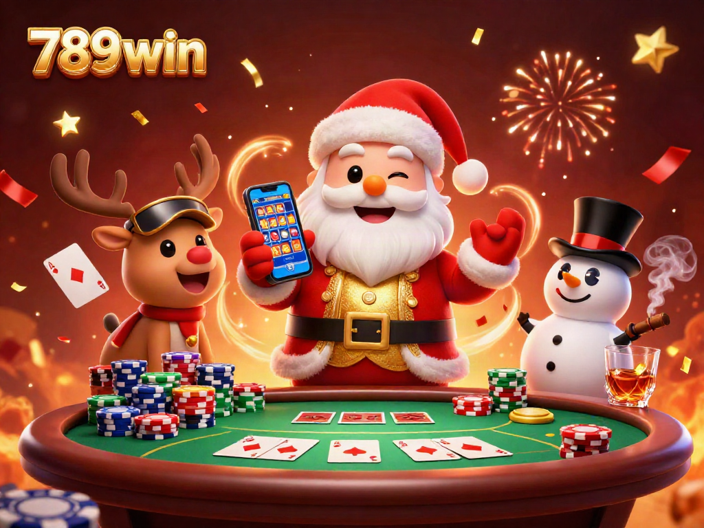 Experience the excitement of 789win jackpot slots with Santa and friends in a fun casino scene.