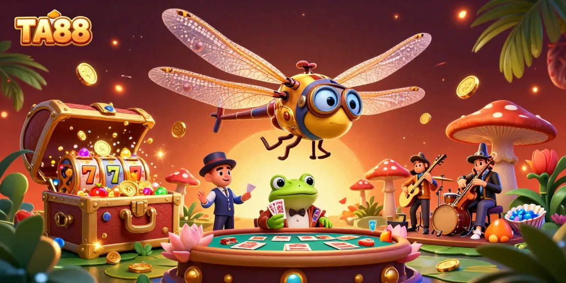 TA88 brings excitement with a dragonfly pilot and frog croupier at a lily pad casino.