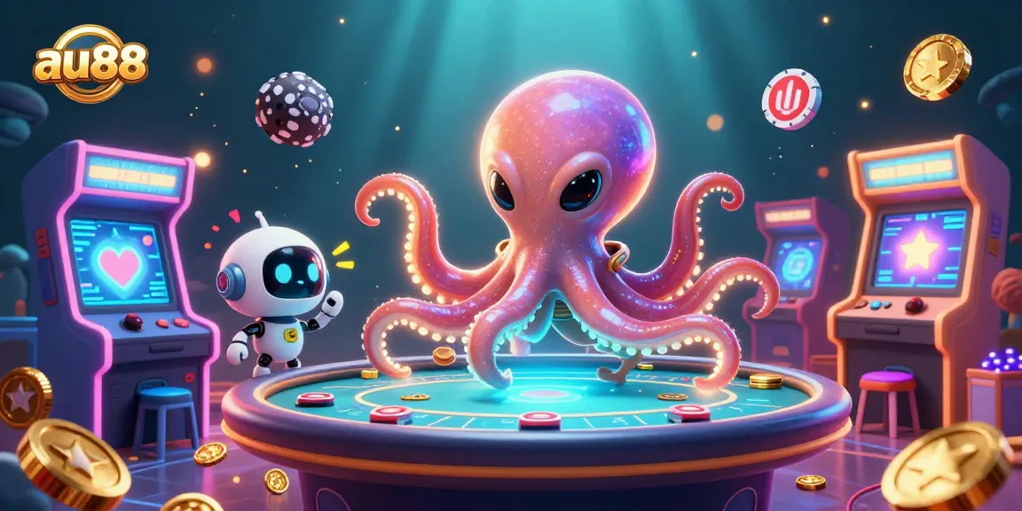 Experience winning gameplay with AU88's vibrant galaxy-themed poker adventure featuring a captivating octopus and a robot.