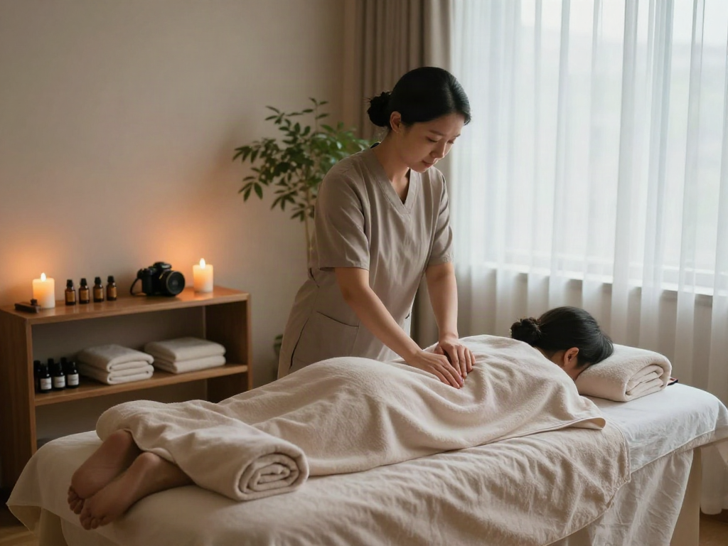 Experience a calming 성남출장마사지 in a tranquil wellness studio with soothing lighting and natural elements