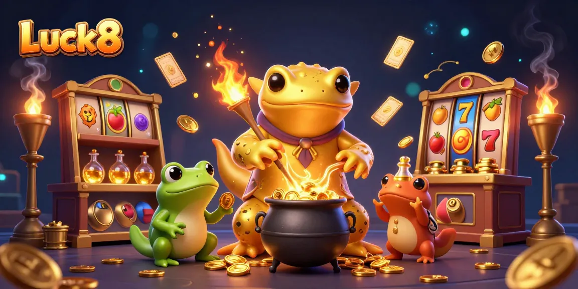 Luck8 engages players in a vibrant 3D casino scene with gold coins, slot reels, and animated characters.