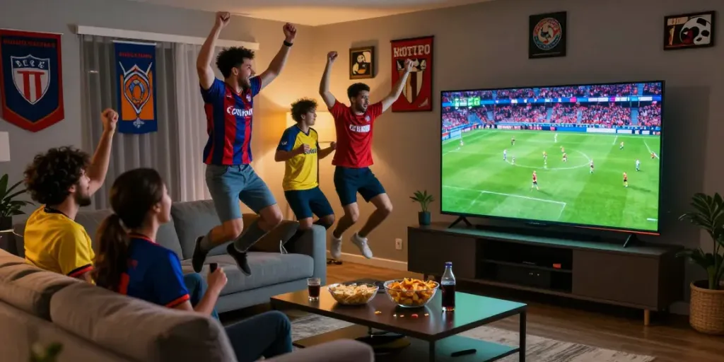 Fans enjoying a match on Xoilactv, showcasing excitement and camaraderie in a home setting.