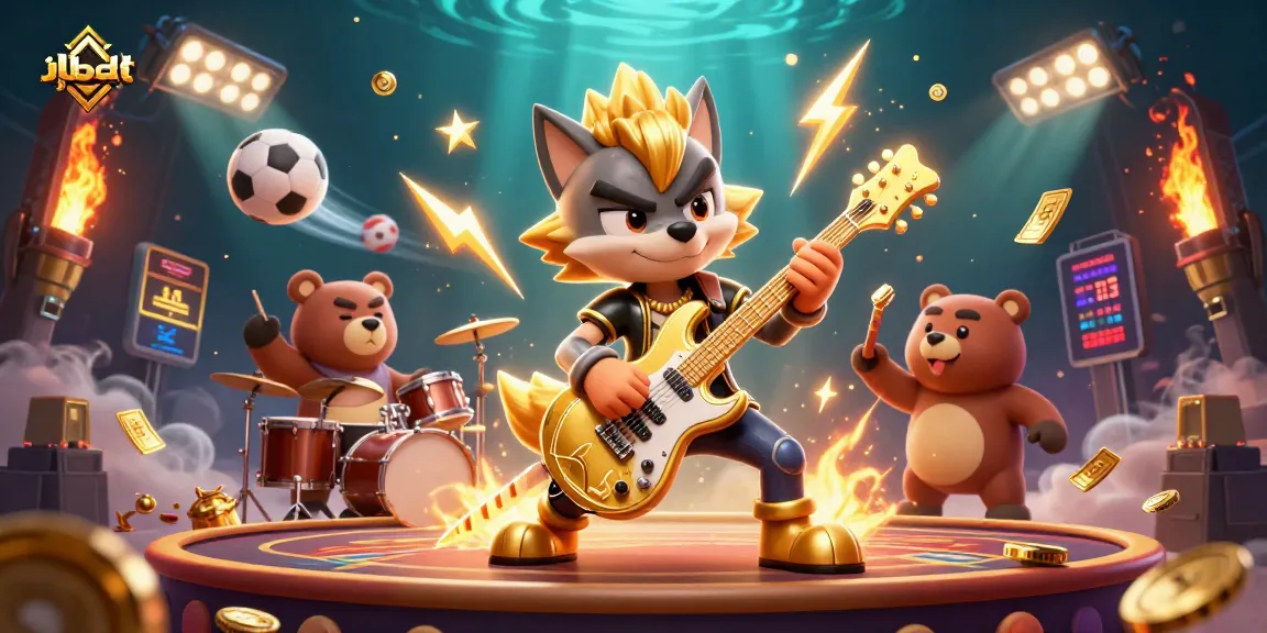Engage with jlbdt's vibrant casino scene featuring a rock star wolf and dynamic sports elements.
