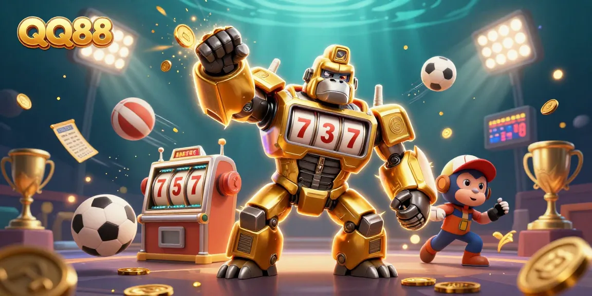 Engage with QQ88's thrilling gaming world featuring a golden mech and dynamic sports elements.