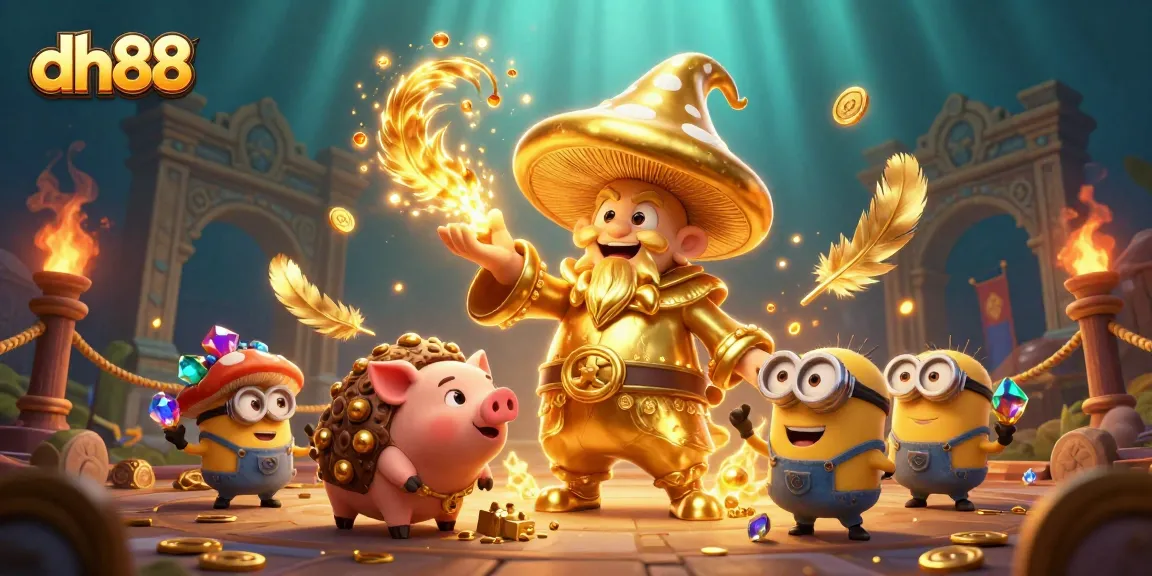 Experience winning at dh88 with a golden mushroom wizard and treasure-hunting pig in a vibrant gaming arena.