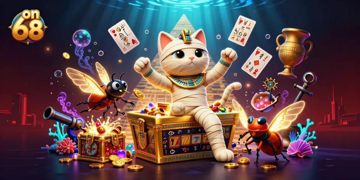 Play exciting casino games with on 68, featuring captivating Egyptian-themed characters and colorful slot visuals.