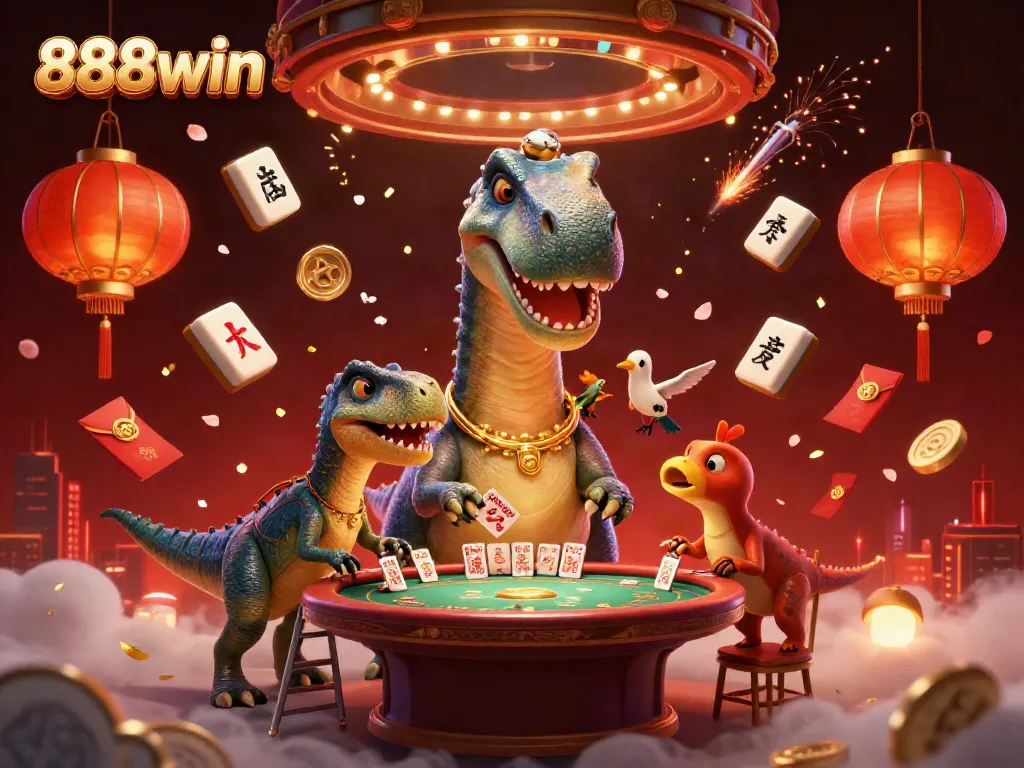 Experience the thrill of 888win with a vibrant casino scene featuring unique cartoon characters and gaming elements.