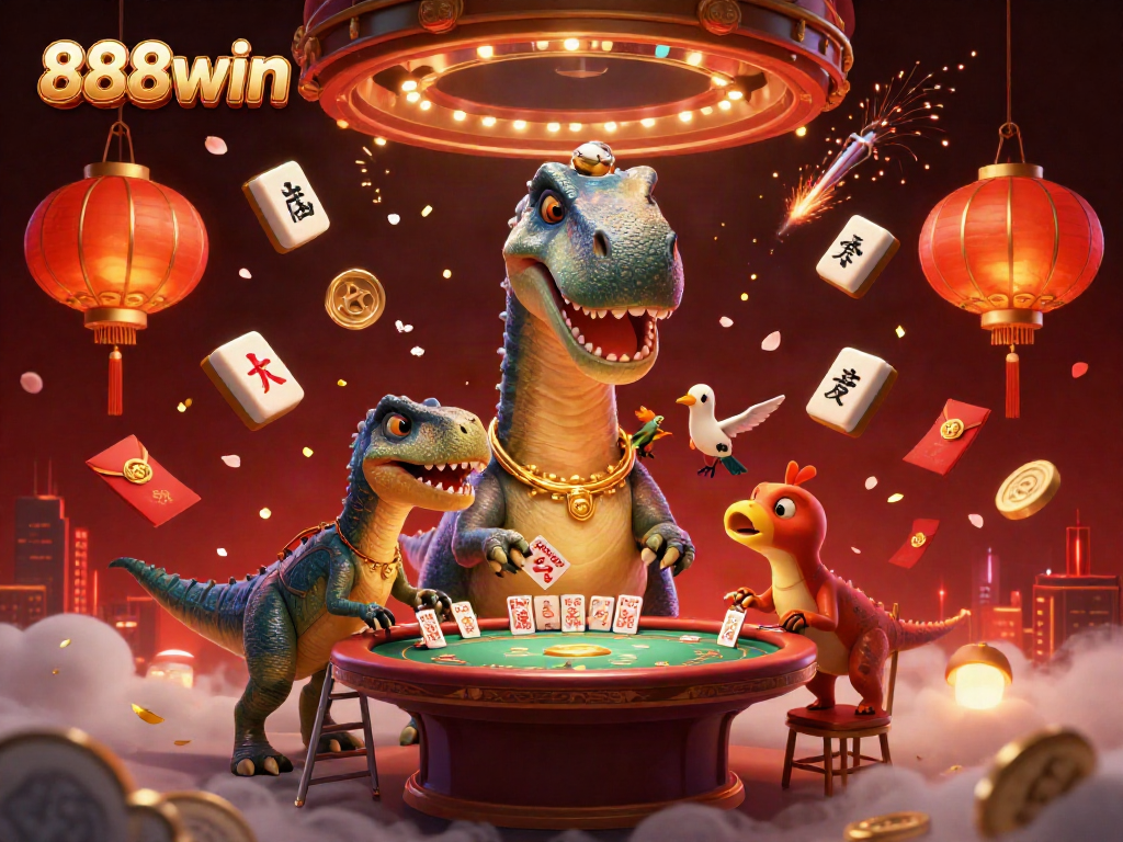Experience the thrill of 888win with a vibrant casino scene featuring unique cartoon characters and gaming elements.