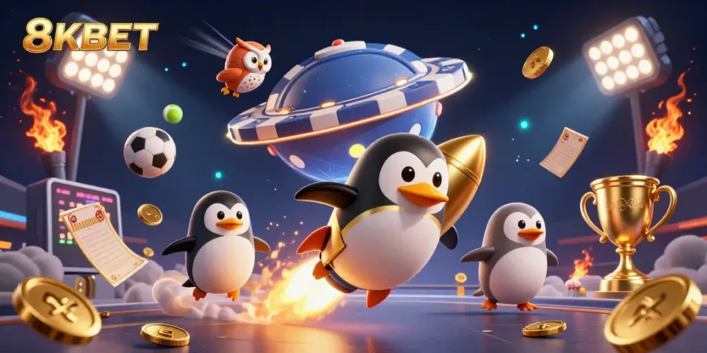 Experience the thrills of 8KBET with a golden penguin and vibrant casino elements.