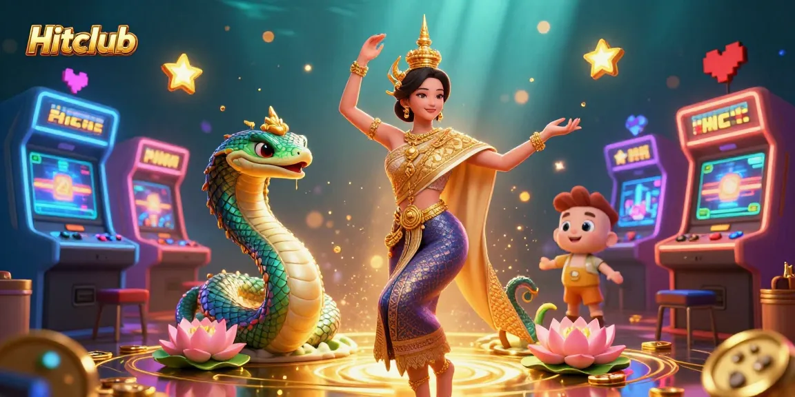 Hitclub showcases a vibrant 3D scene with an Asian woman in traditional attire amidst dynamic casino elements, enhancing gaming excitement.