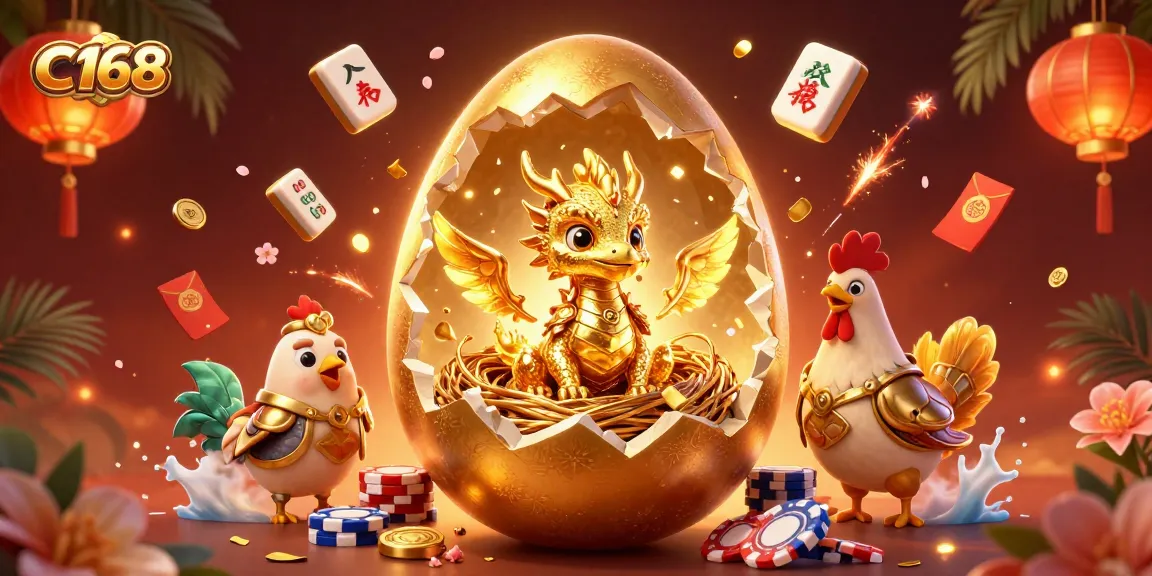 C168 showcases a dynamic 3D scene of a golden dragon revealing poker chips, embodying excitement in gaming.