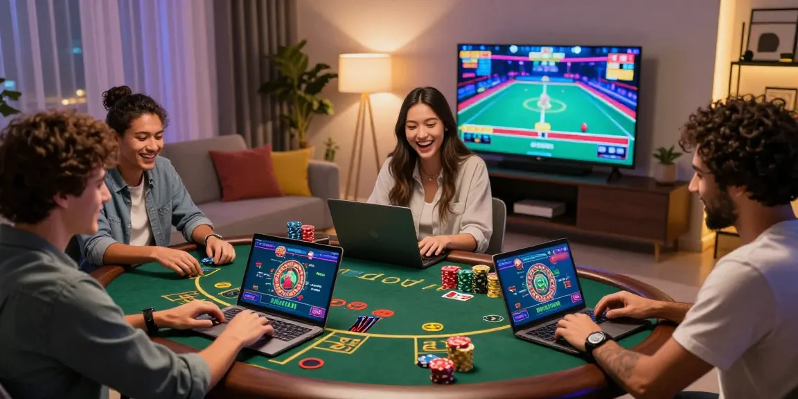Migliori casino non AAMS scena con giocatori felici che si godono giochi con croupier dal vivo in un elegante salotto.