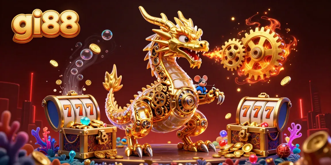 Experience the excitement of gi88 with a golden dragon and vibrant slots in this dynamic casino illustration.