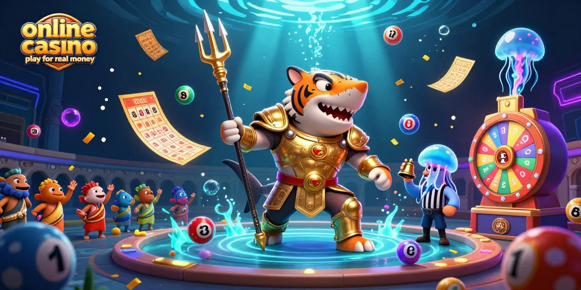 Experience online casino play for real money surrounded by colorful lottery elements and a dazzling underwater scene.